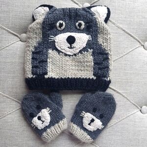 Toddler Bear ears Beanie Hat and Mitten Set - cream gray - size 3-6